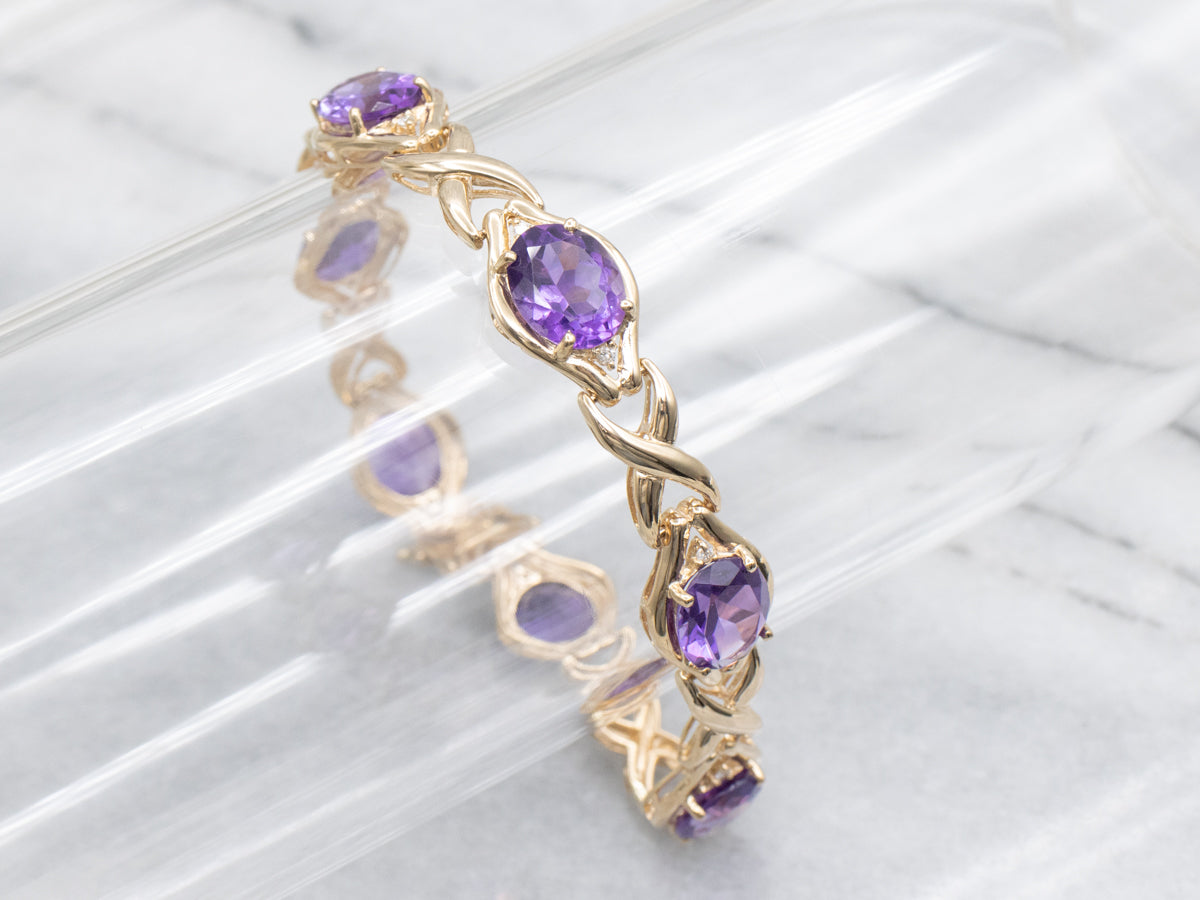 Amethyst and Diamond Yellow Gold X-Link Bracelet