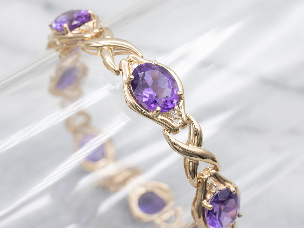 Amethyst and Diamond Yellow Gold X-Link Bracelet