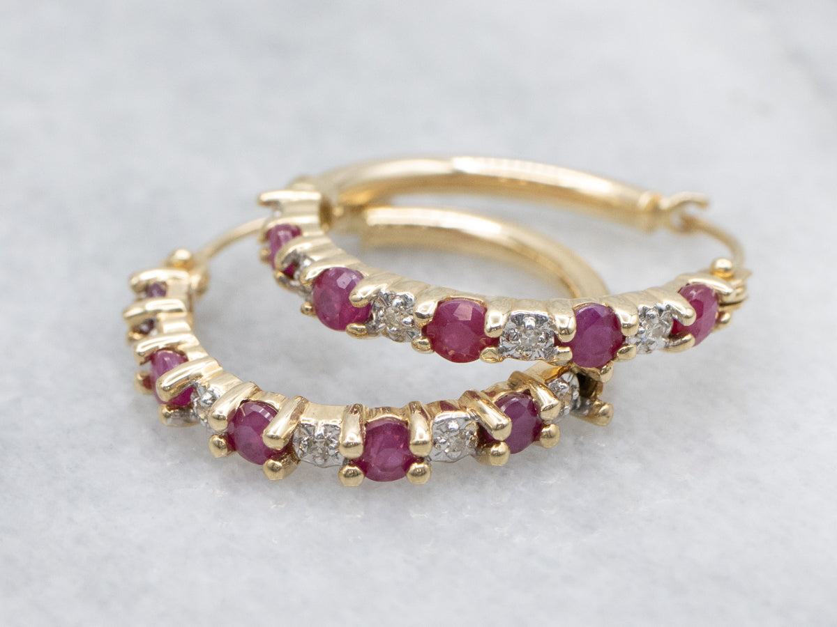 Ruby and Diamond Gold Hoop Earrings