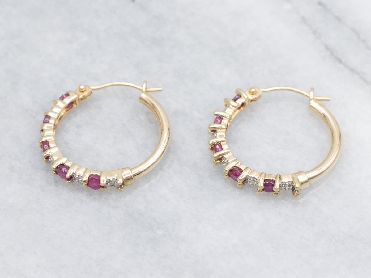 Ruby and Diamond Gold Hoop Earrings