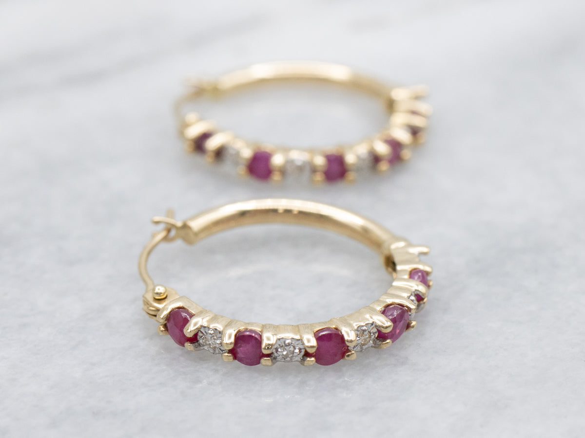 Ruby and Diamond Gold Hoop Earrings