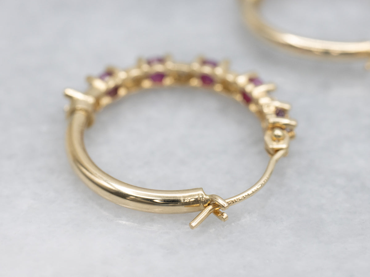 Ruby and Diamond Gold Hoop Earrings