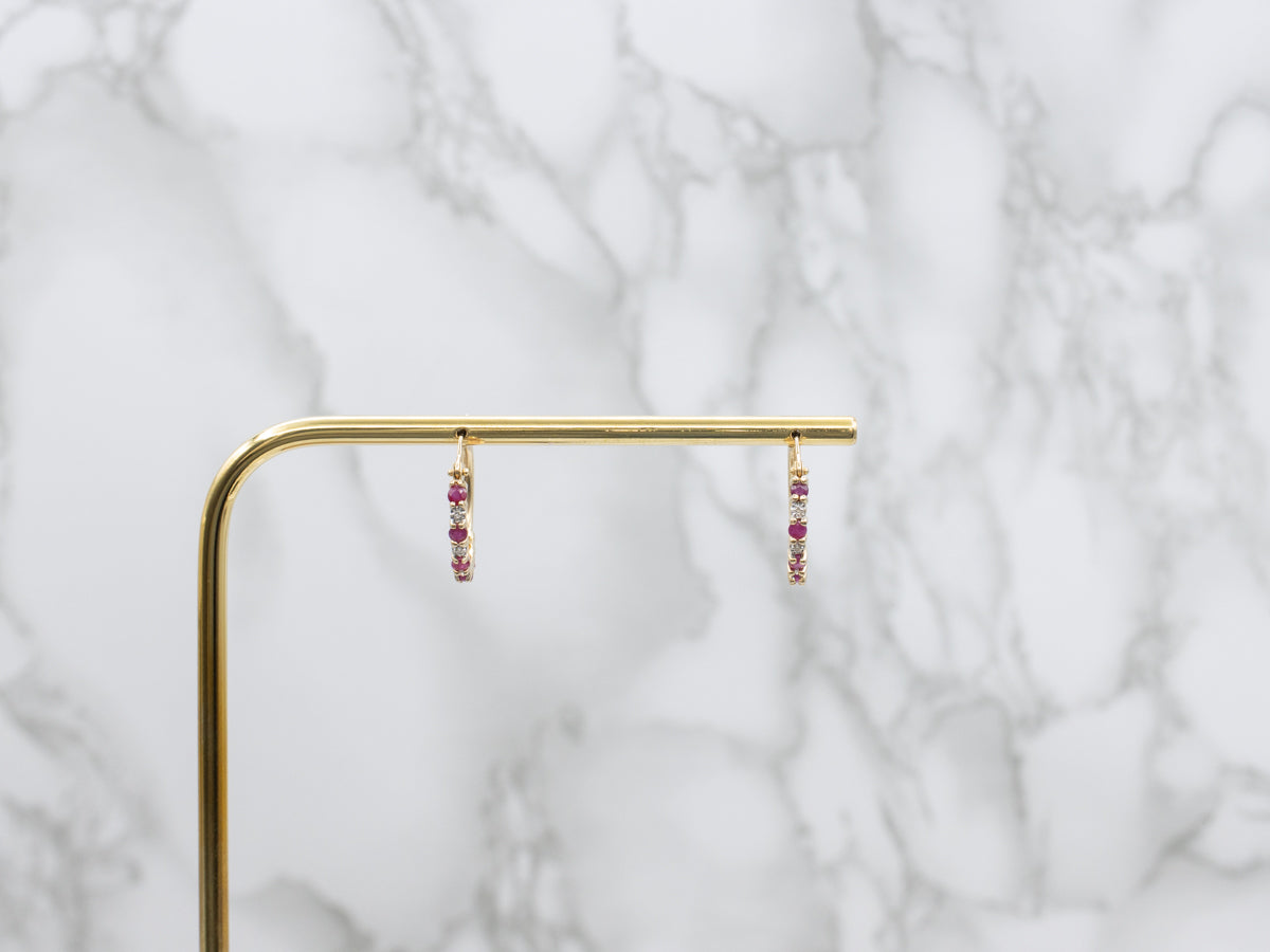 Ruby and Diamond Gold Hoop Earrings