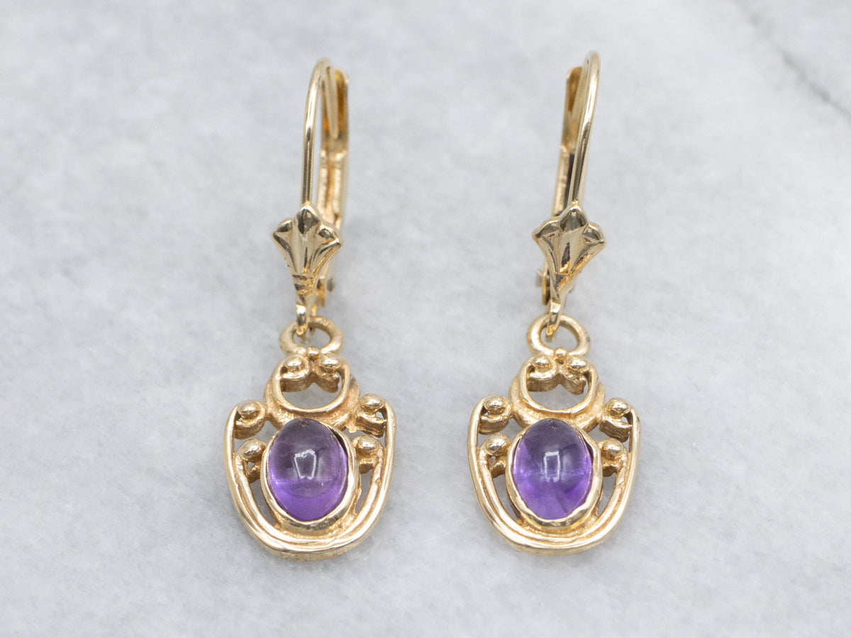 Scrolling Gold Amethyst Cabochon Drop Earrings