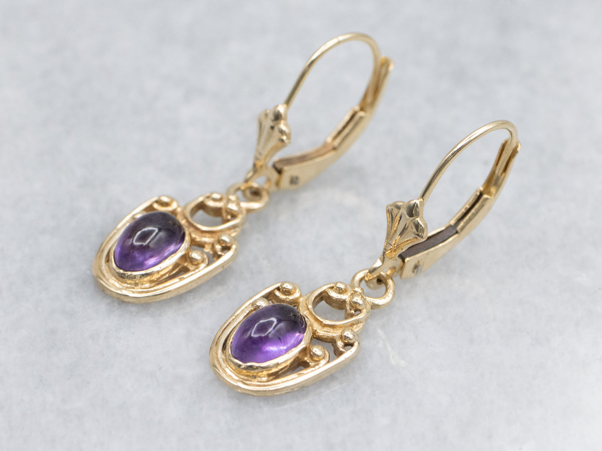 Scrolling Gold Amethyst Cabochon Drop Earrings