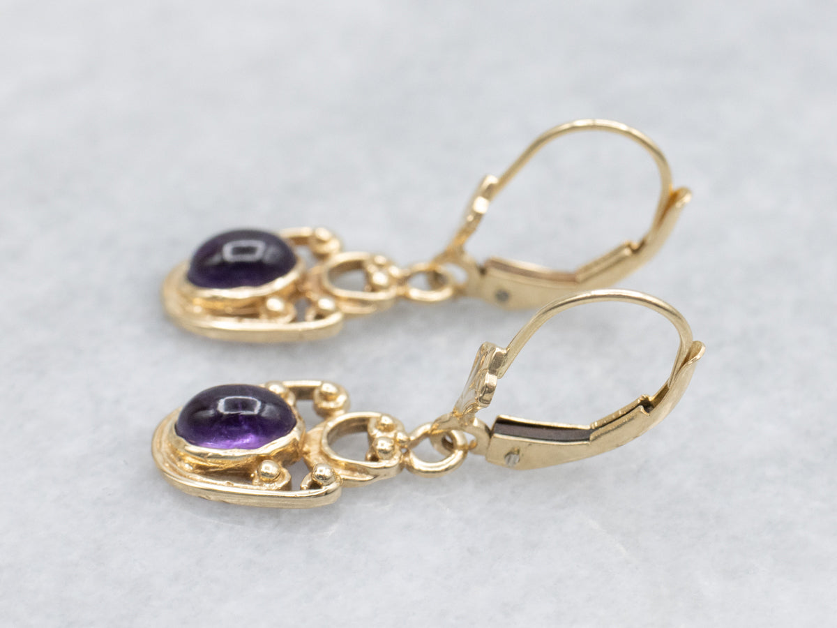 Scrolling Gold Amethyst Cabochon Drop Earrings