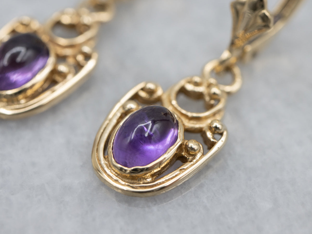 Scrolling Gold Amethyst Cabochon Drop Earrings
