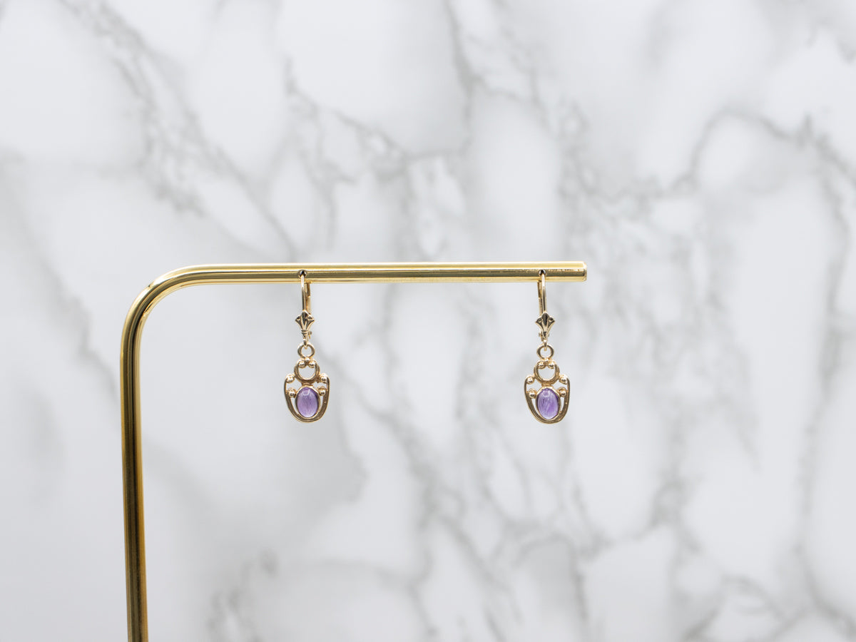 Scrolling Gold Amethyst Cabochon Drop Earrings