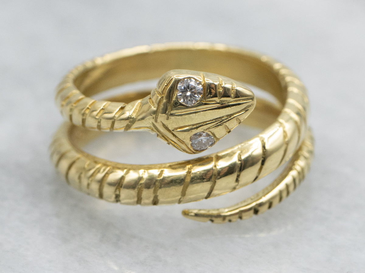 Etched Diamond Eyed Yellow Gold Snake Ring
