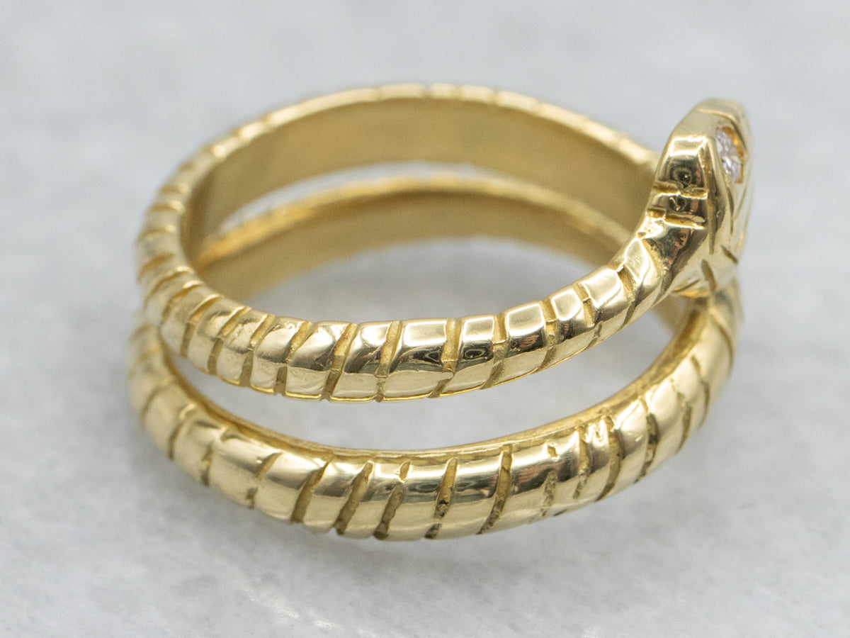 Etched Diamond Eyed Yellow Gold Snake Ring