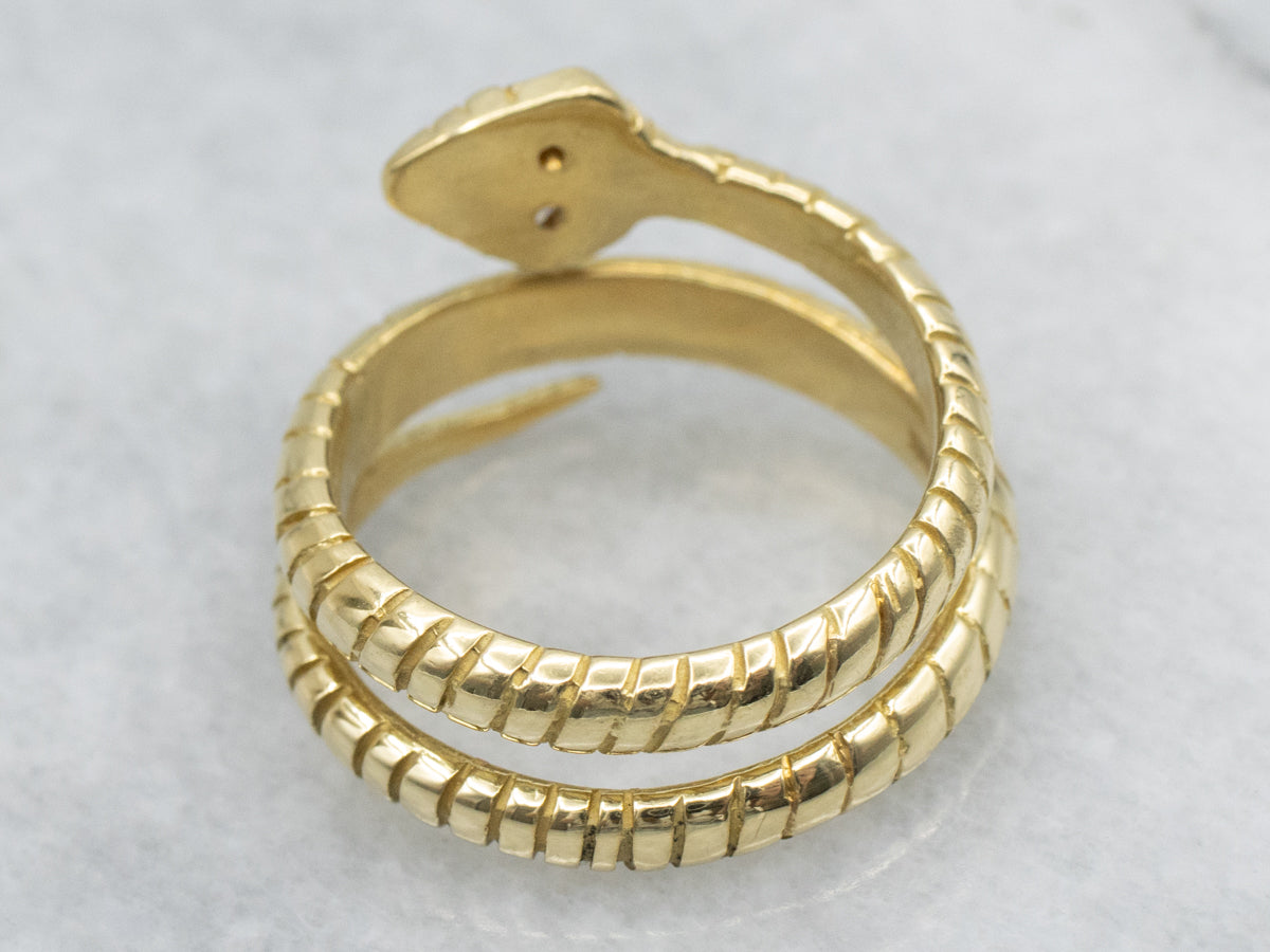 Etched Diamond Eyed Yellow Gold Snake Ring