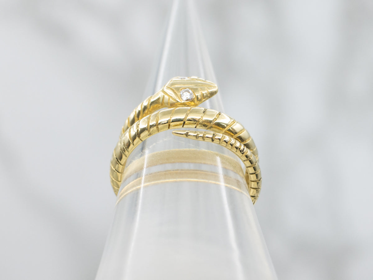 Etched Diamond Eyed Yellow Gold Snake Ring