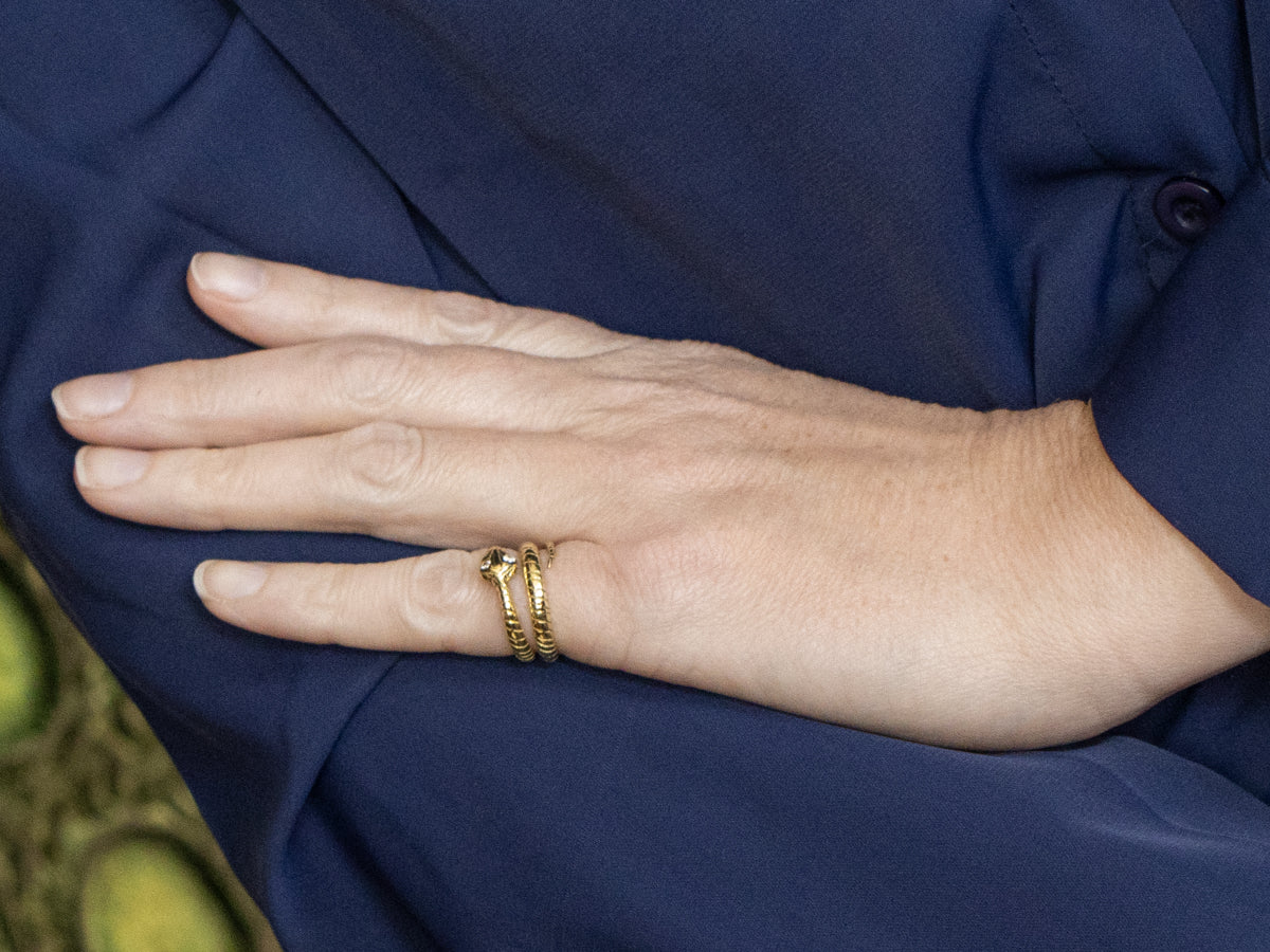 Etched Diamond Eyed Yellow Gold Snake Ring