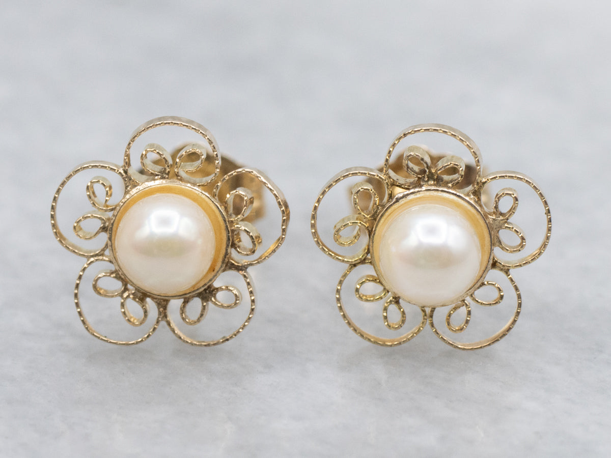 Saltwater Pearl Flower Yellow Gold Stud Earrings