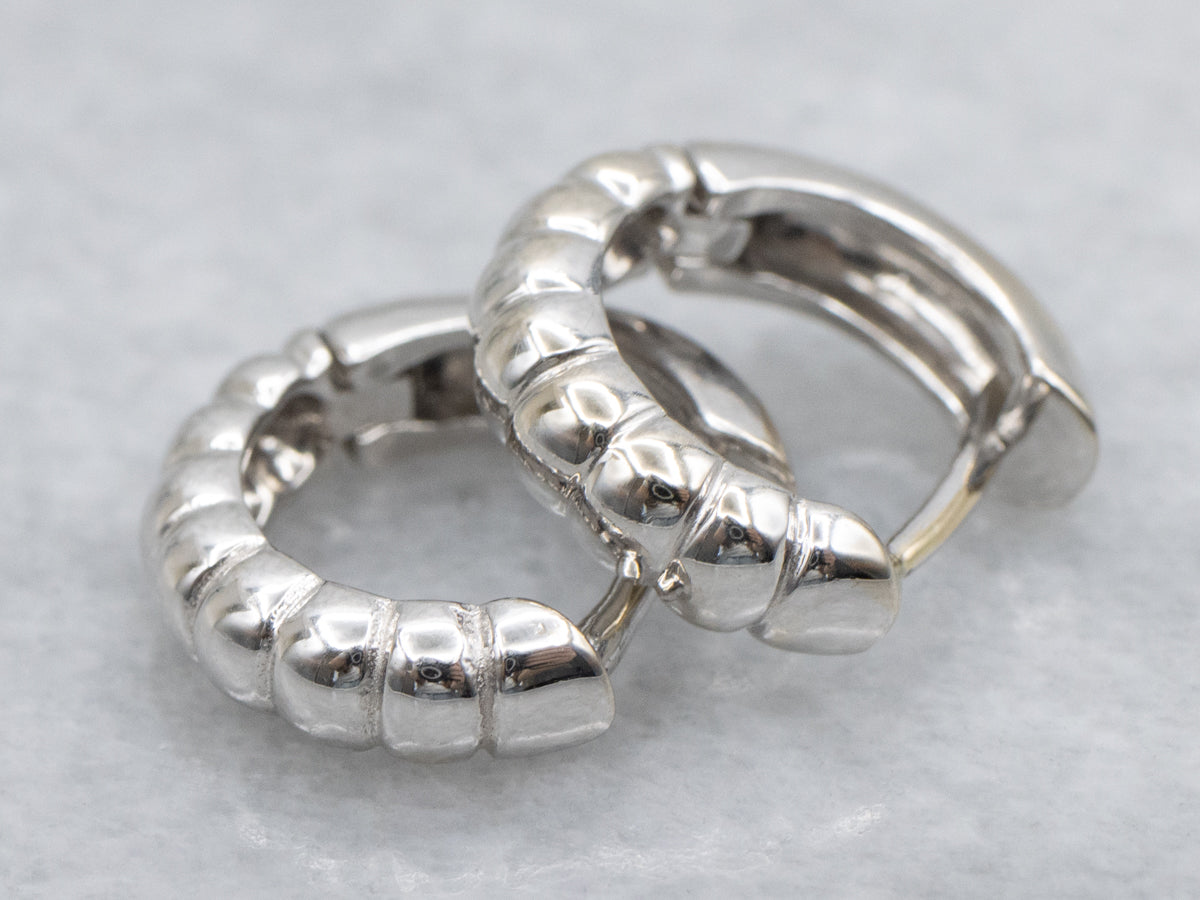 Italian White Gold Ribbed Hoop Earrings