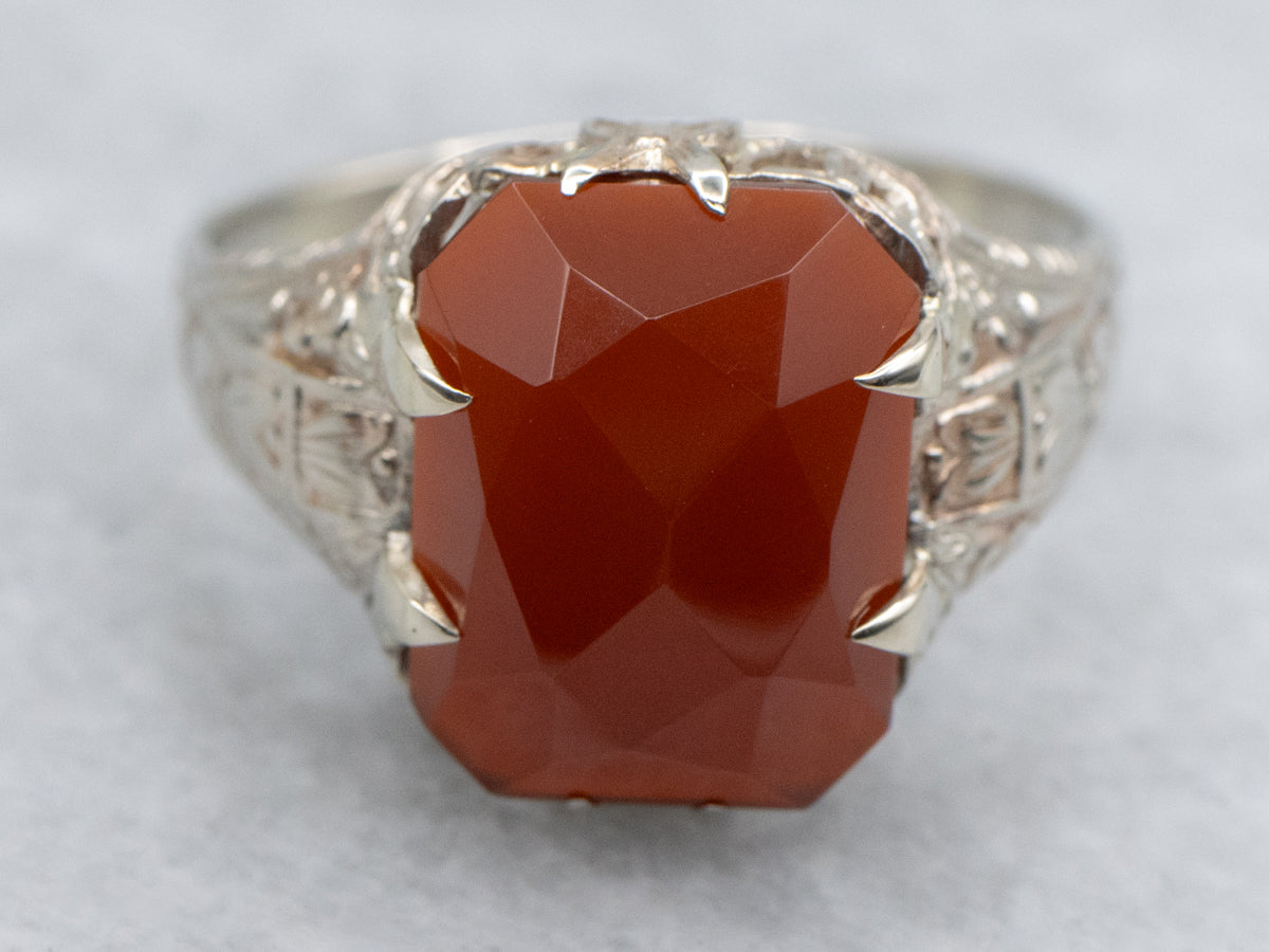 Art Deco Era Faceted Carnelian Ring with Engraved 14K White Gold