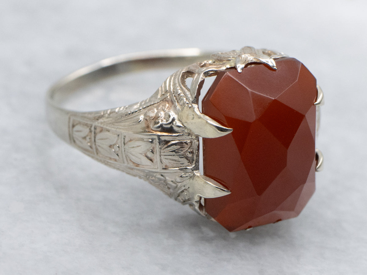 Art Deco Era Faceted Carnelian Ring with Engraved 14K White Gold