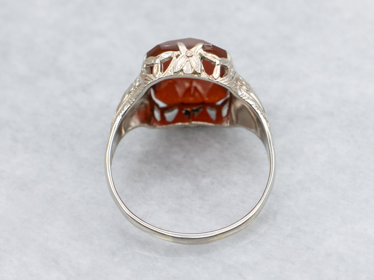 Art Deco Era Faceted Carnelian Ring with Engraved 14K White Gold