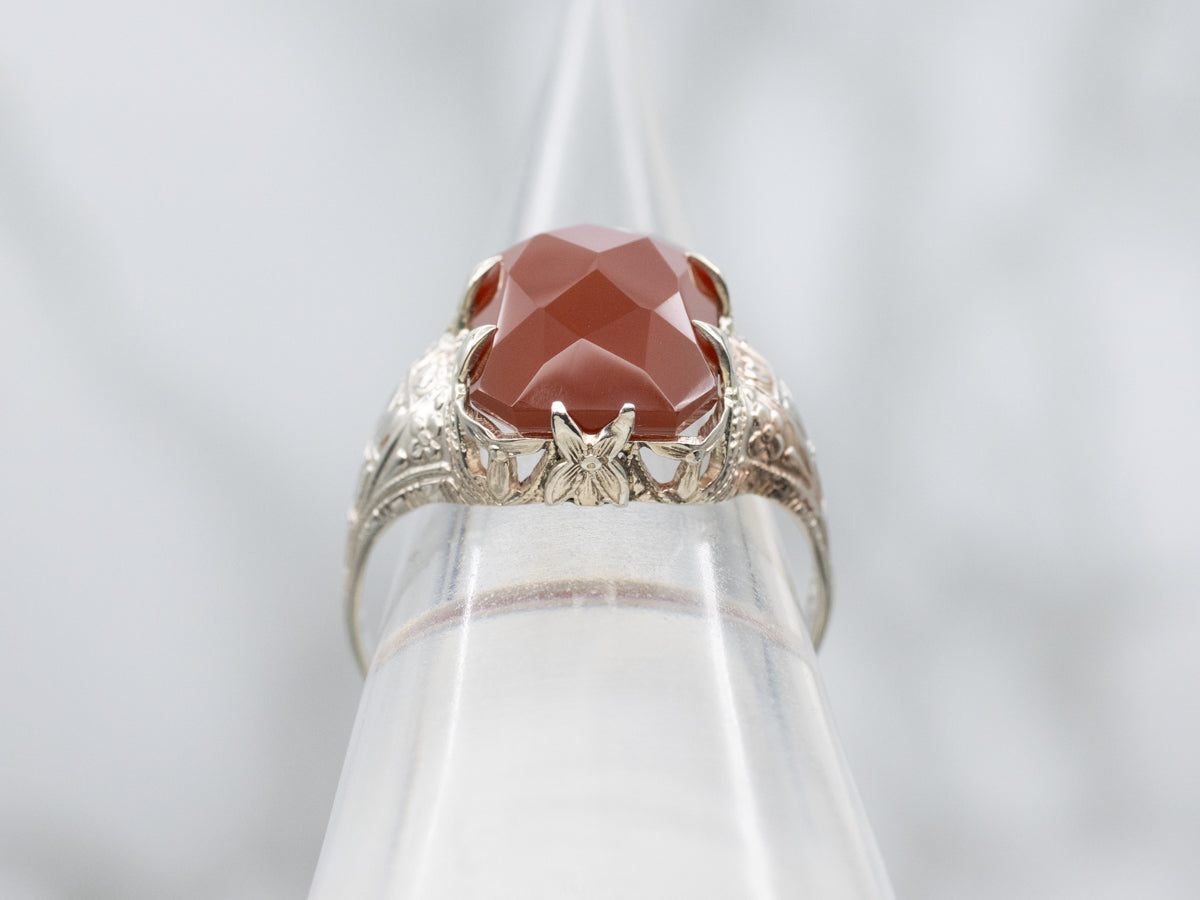 Art Deco Era Faceted Carnelian Ring with Engraved 14K White Gold