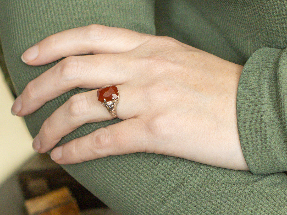 Art Deco Era Faceted Carnelian Ring with Engraved 14K White Gold