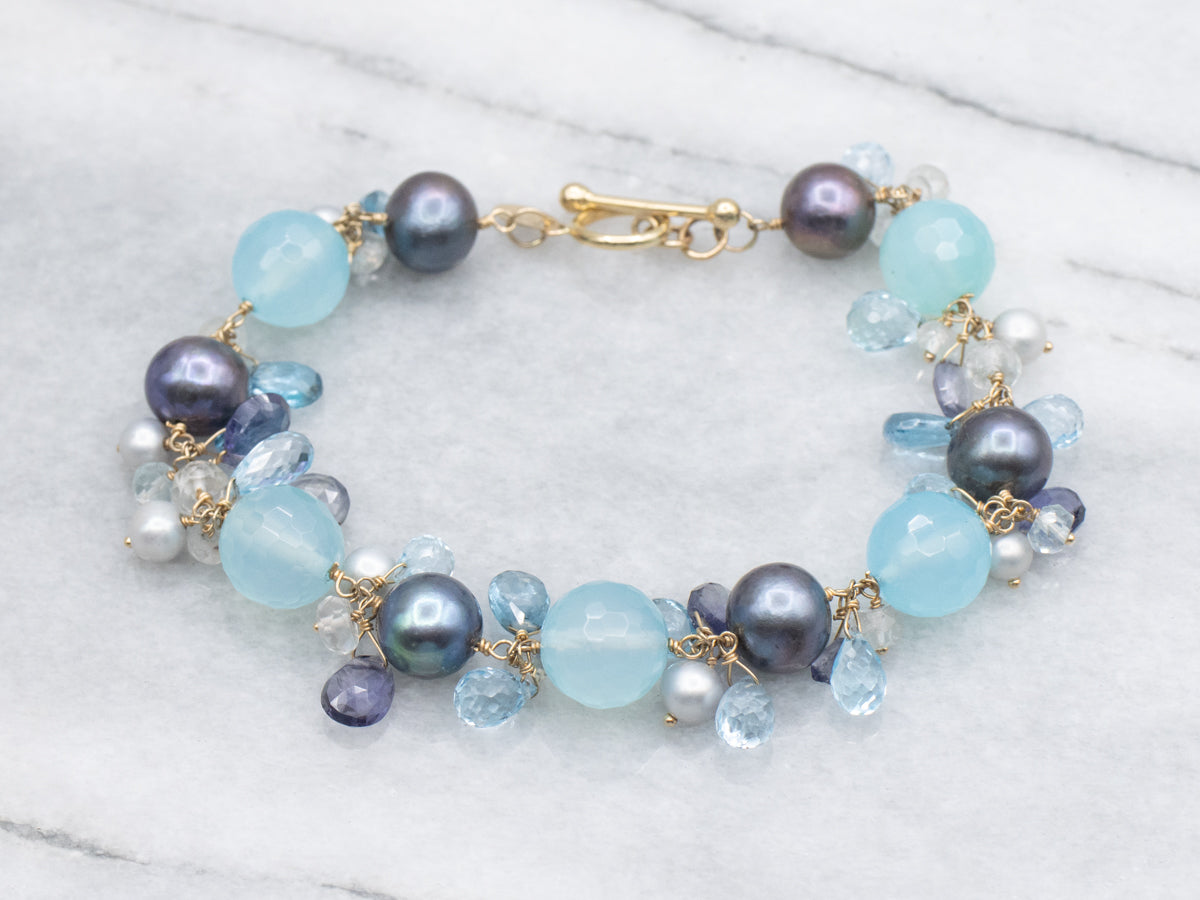 Dyed Pearl and Blue Topaz Multi-Gemstone Gemmy Beaded Bracelet