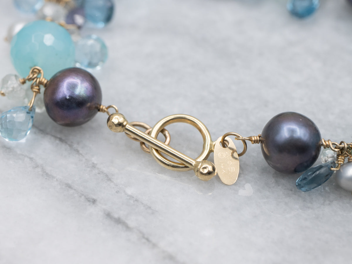 Dyed Pearl and Blue Topaz Multi-Gemstone Gemmy Beaded Bracelet