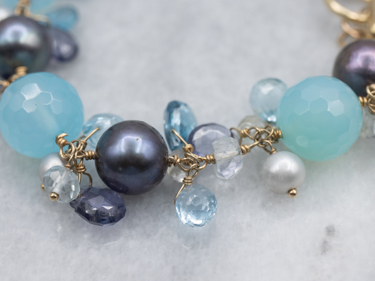 Dyed Pearl and Blue Topaz Multi-Gemstone Gemmy Beaded Bracelet