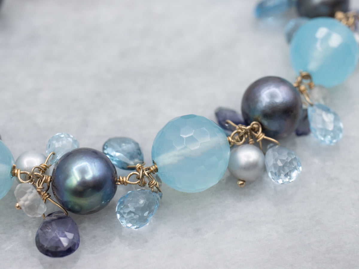 Dyed Pearl and Blue Topaz Multi-Gemstone Gemmy Beaded Bracelet