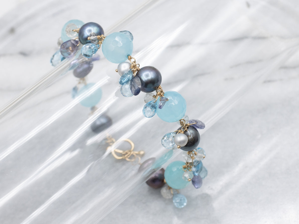 Dyed Pearl and Blue Topaz Multi-Gemstone Gemmy Beaded Bracelet