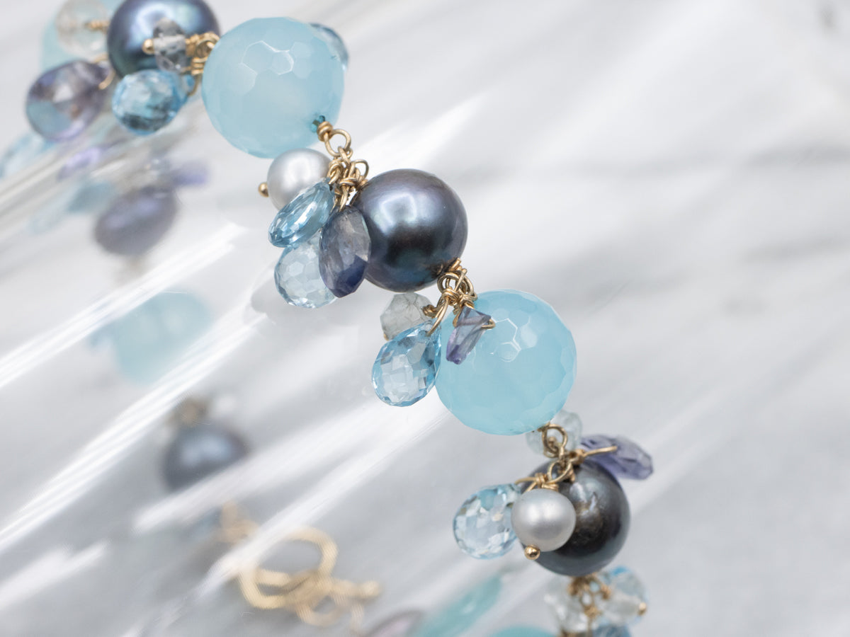 Dyed Pearl and Blue Topaz Multi-Gemstone Gemmy Beaded Bracelet