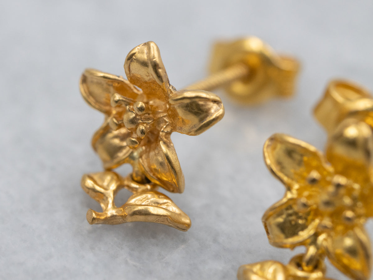 Golden 22-Karat Daffodil Flower Stud Earrings