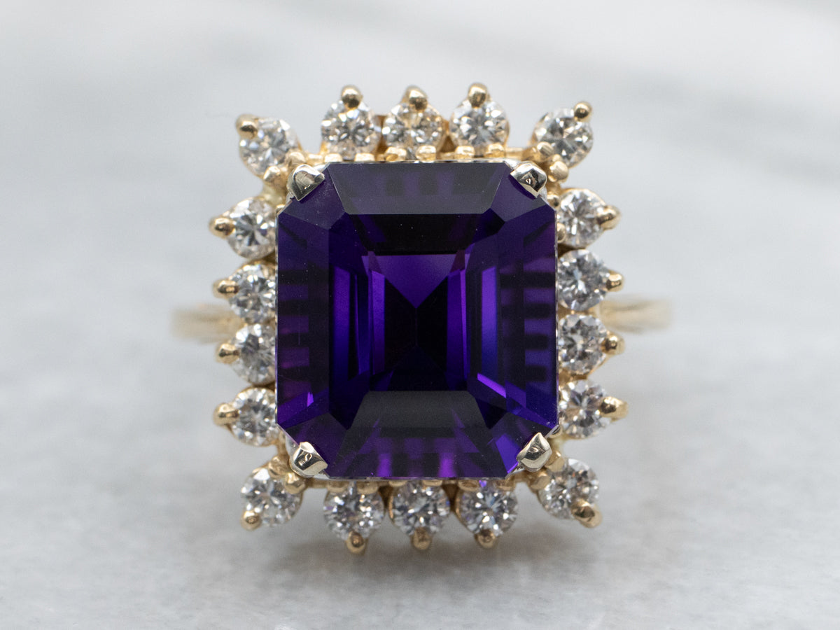 Amethyst and Diamond Two-Tone Halo Ring
