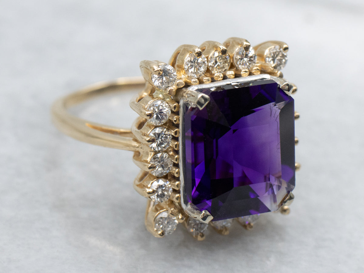 Amethyst and Diamond Two-Tone Halo Ring