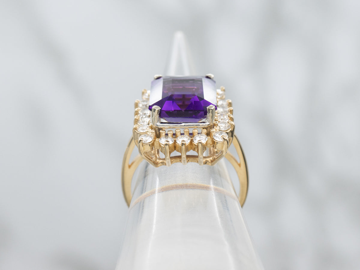 Amethyst and Diamond Two-Tone Halo Ring