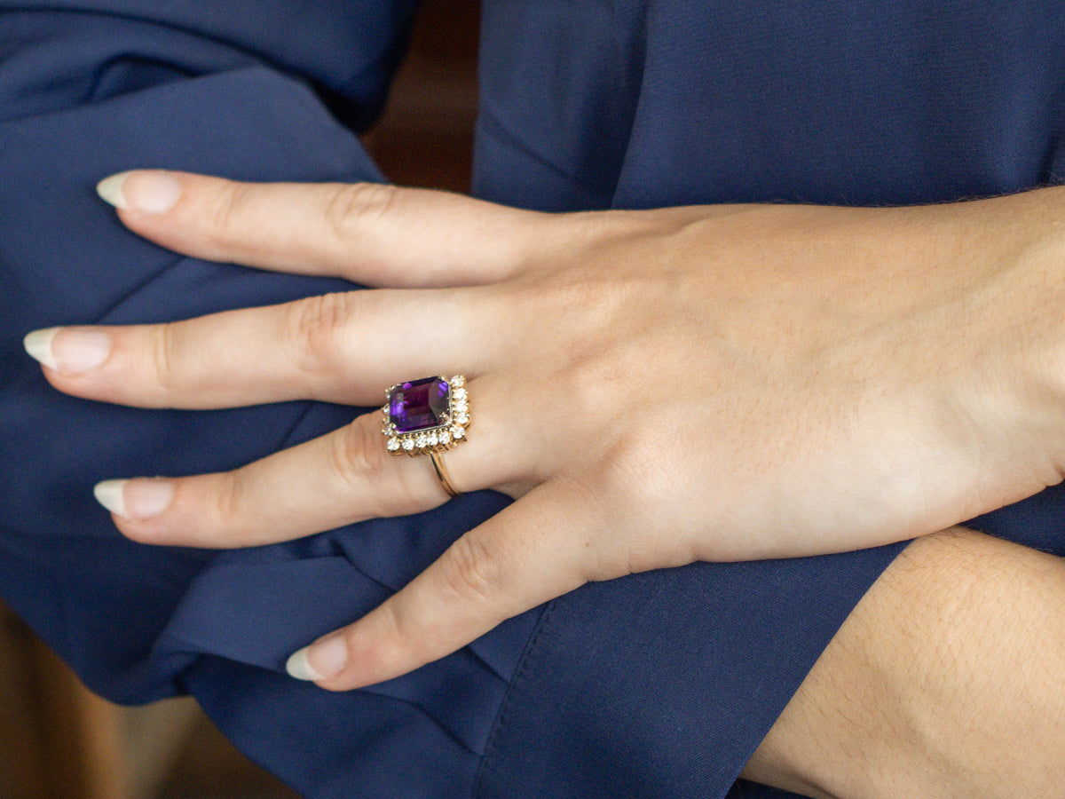 Amethyst and Diamond Two-Tone Halo Ring