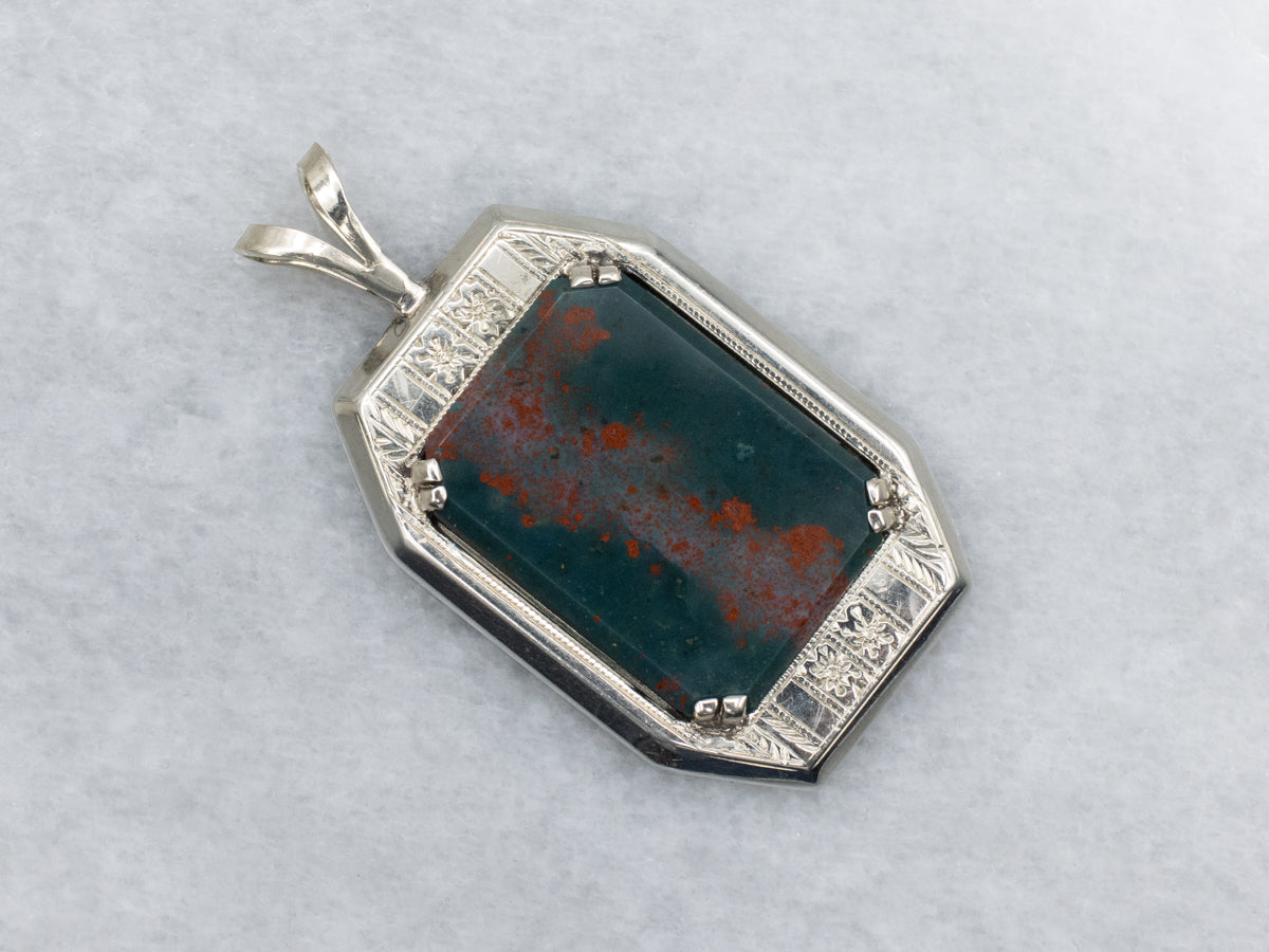 1950s Engraved White Gold Bloodstone Pendant