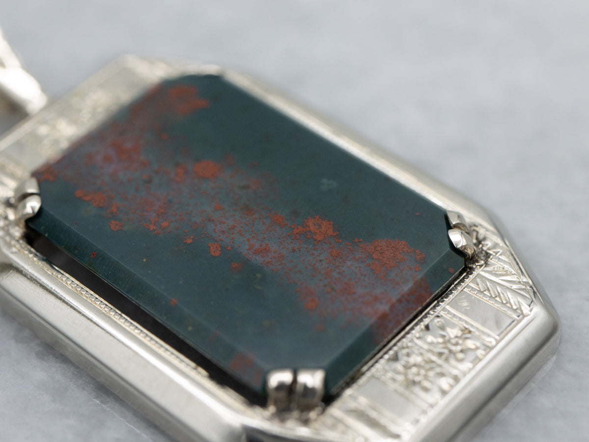 1950s Engraved White Gold Bloodstone Pendant