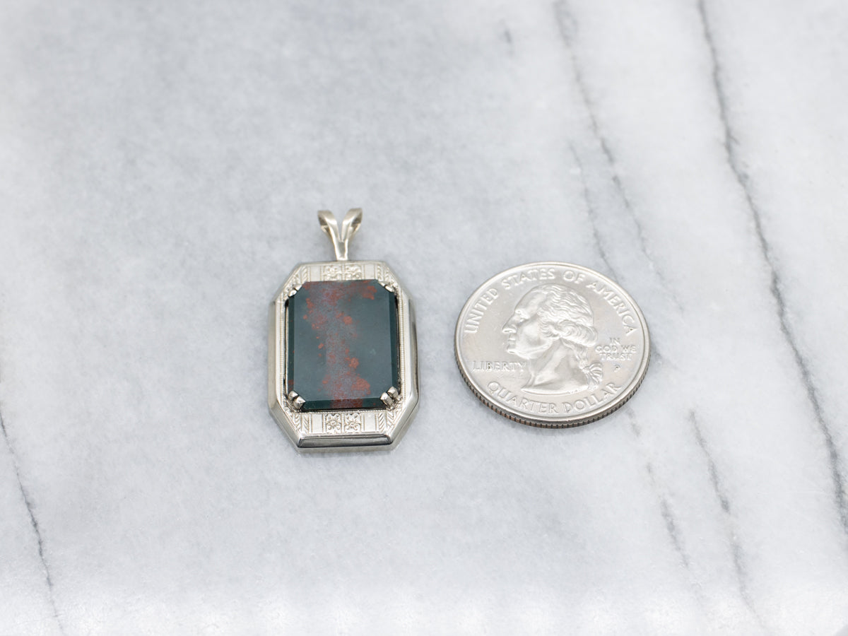 1950s Engraved White Gold Bloodstone Pendant
