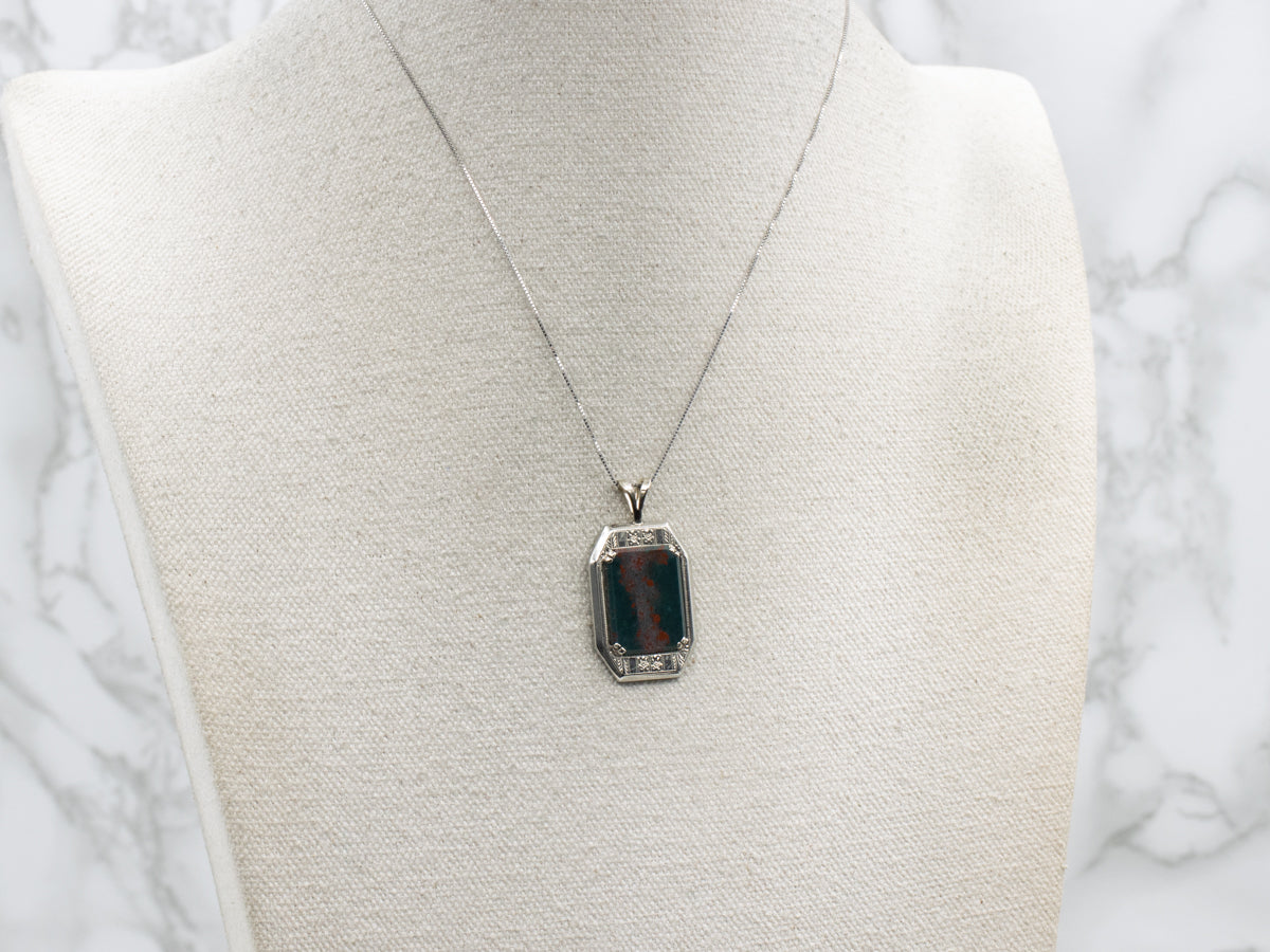 1950s Engraved White Gold Bloodstone Pendant