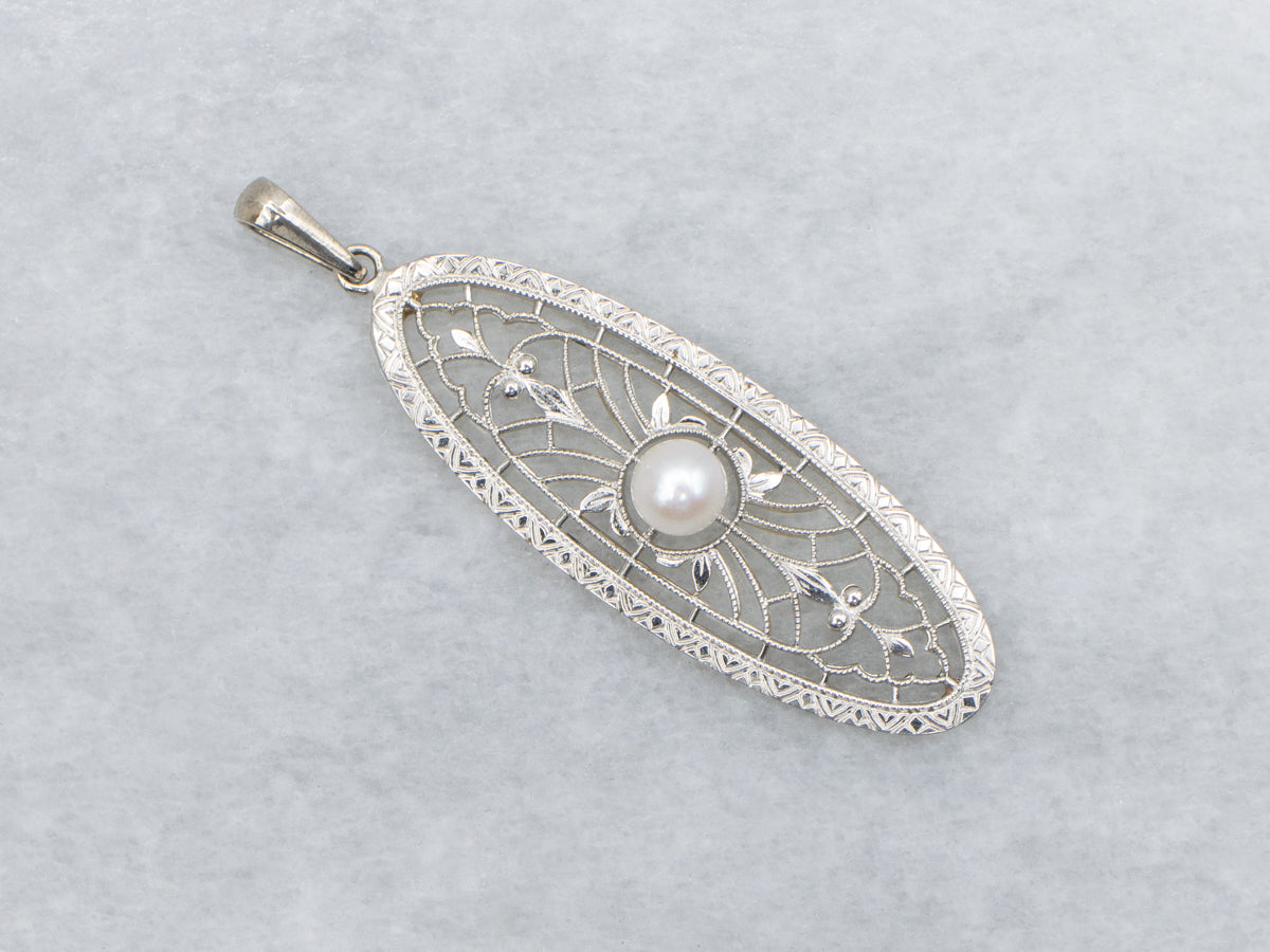 1920s Gold Filigree Pearl Pendant
