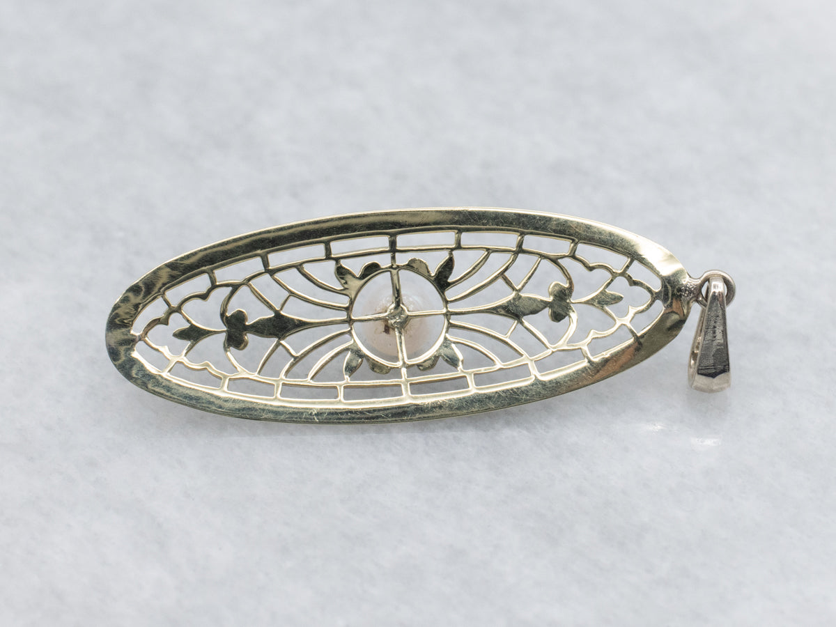 1920s Gold Filigree Pearl Pendant
