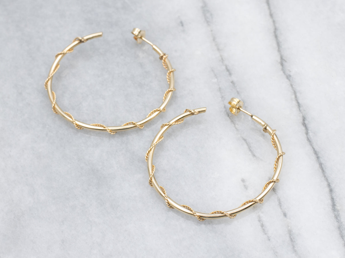 Yellow Gold Hoop Earring with Rope Twist Accent