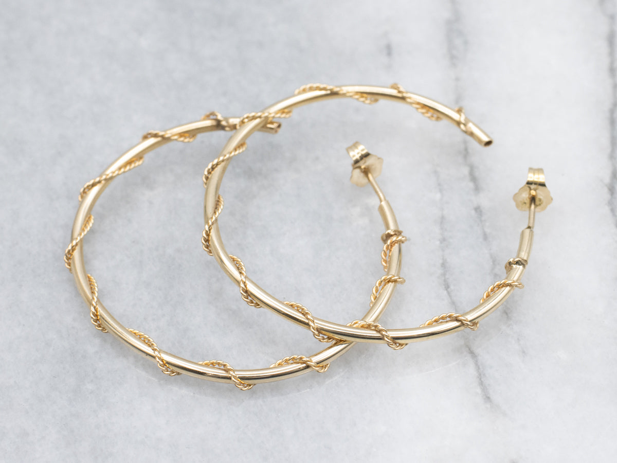 Yellow Gold Hoop Earring with Rope Twist Accent