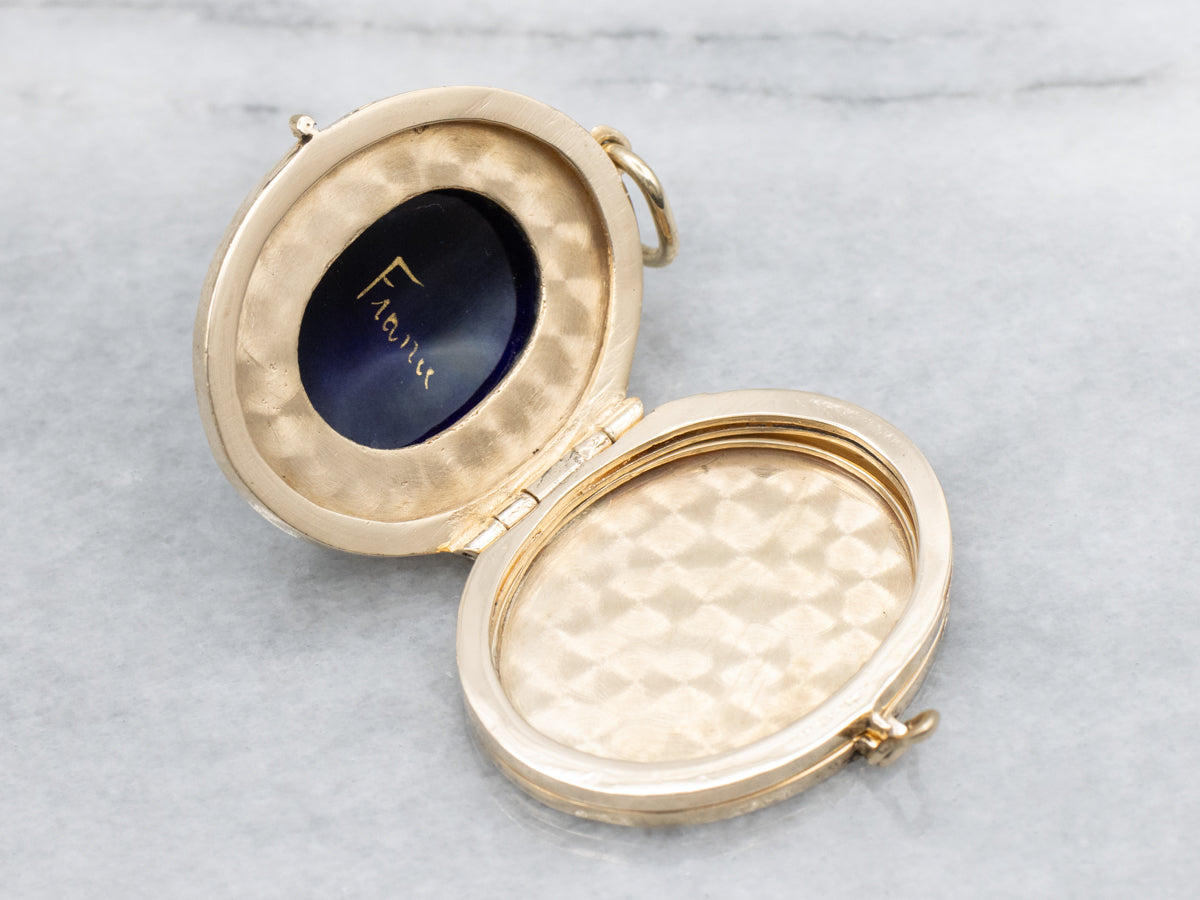 French Victorian Revival 14K Yellow Gold Turquoise Hand Painted Enamel Locket