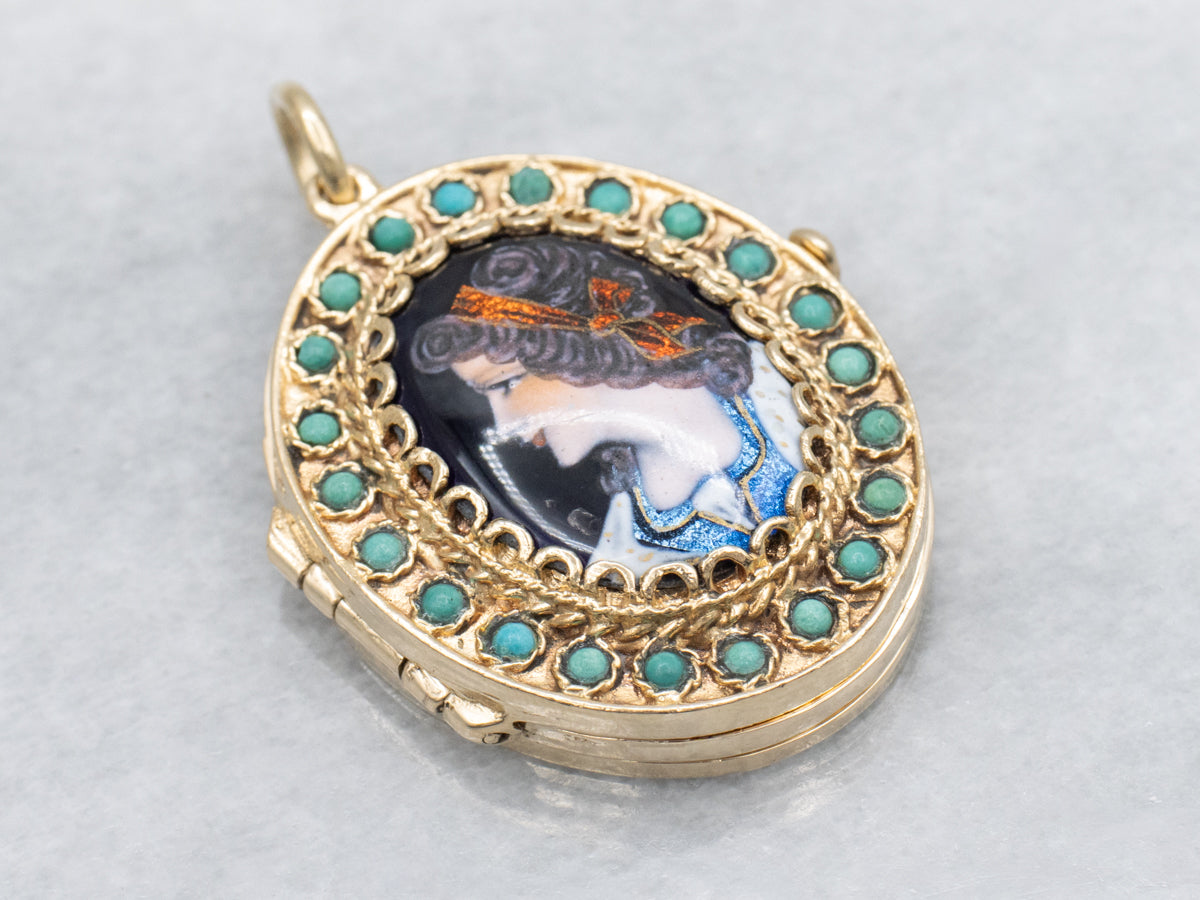 French Victorian Revival 14K Yellow Gold Turquoise Hand Painted Enamel Locket