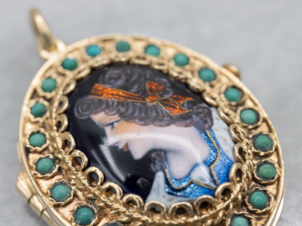 French Victorian Revival 14K Yellow Gold Turquoise Hand Painted Enamel Locket