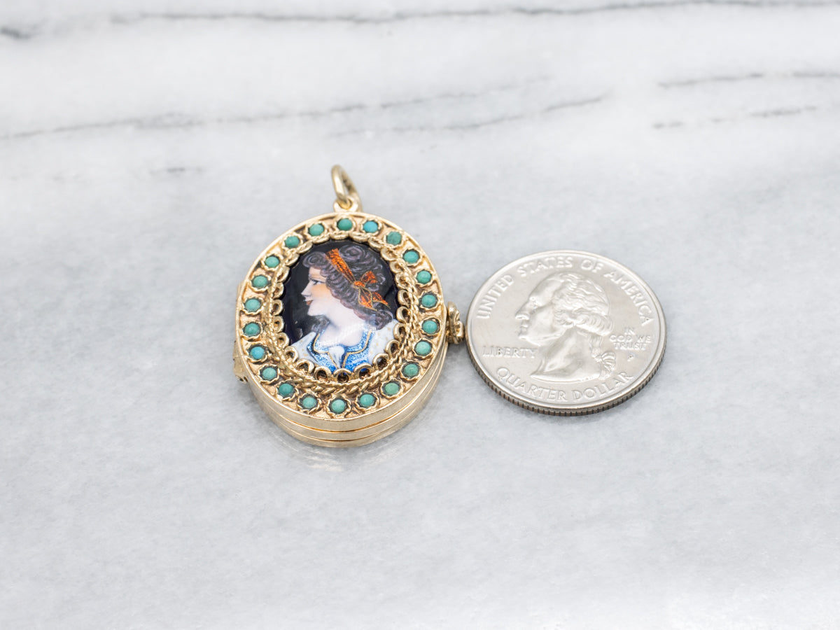 French Victorian Revival 14K Yellow Gold Turquoise Hand Painted Enamel Locket