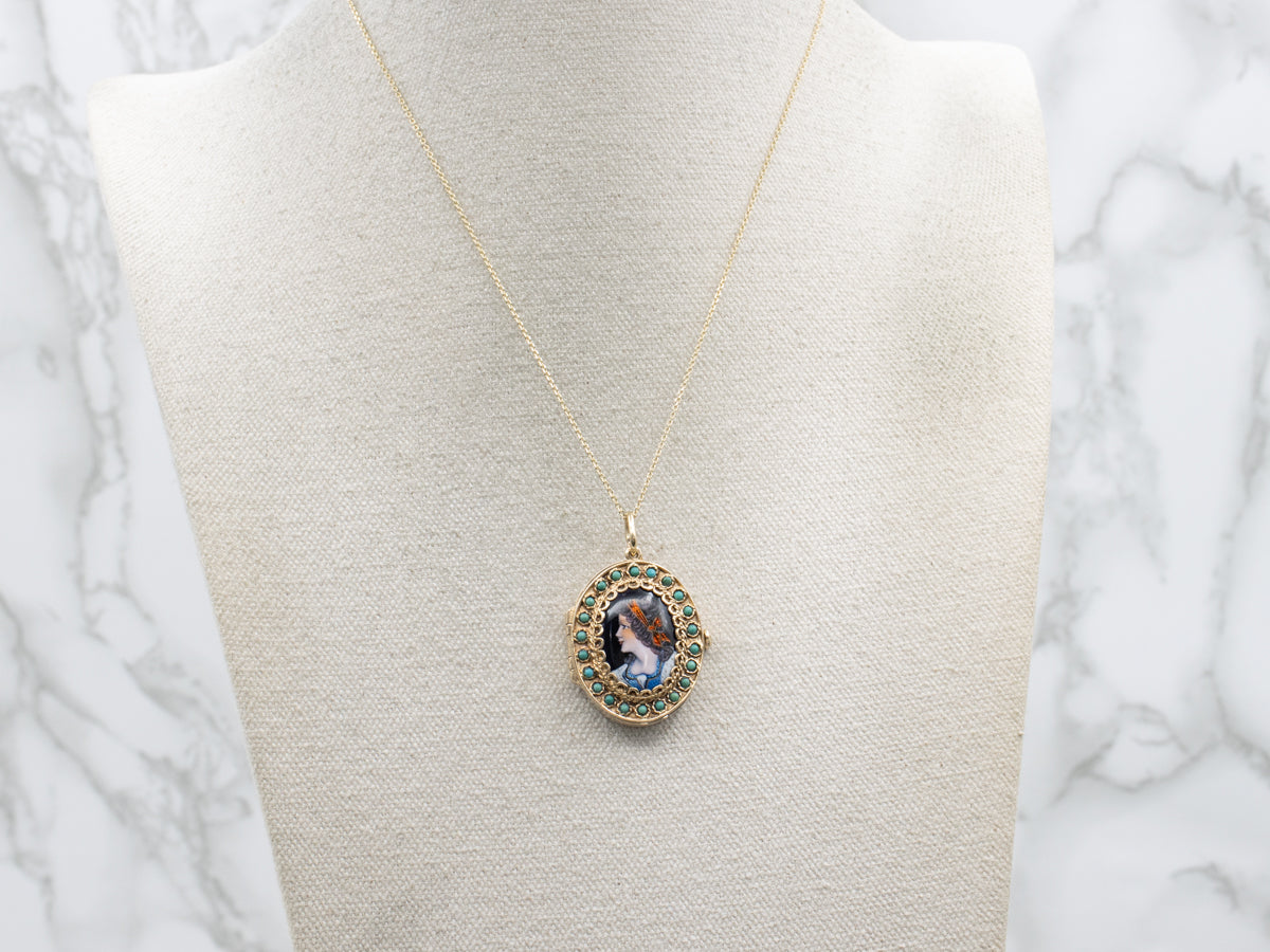 French Victorian Revival 14K Yellow Gold Turquoise Hand Painted Enamel Locket