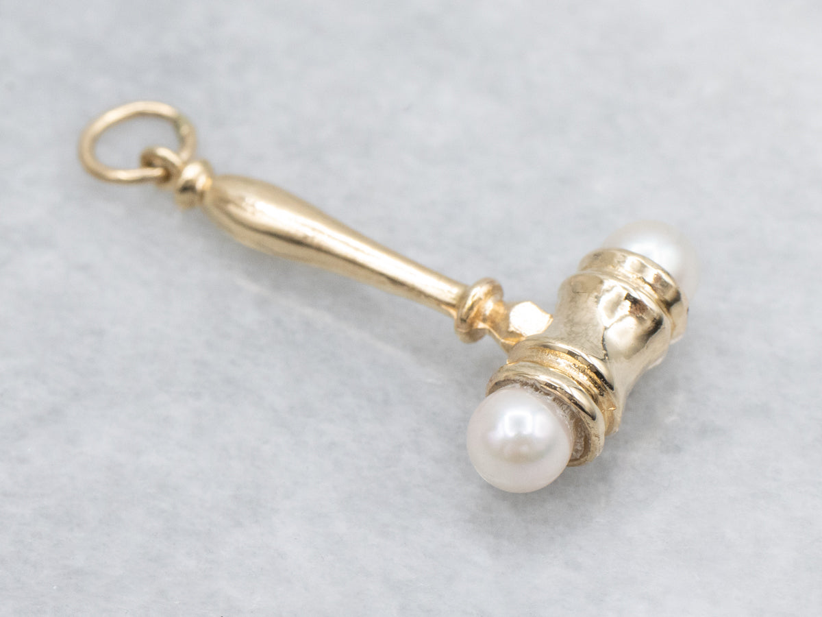 Vintage Gold Saltwater Pearl Judge's Gavel Charm Pendant