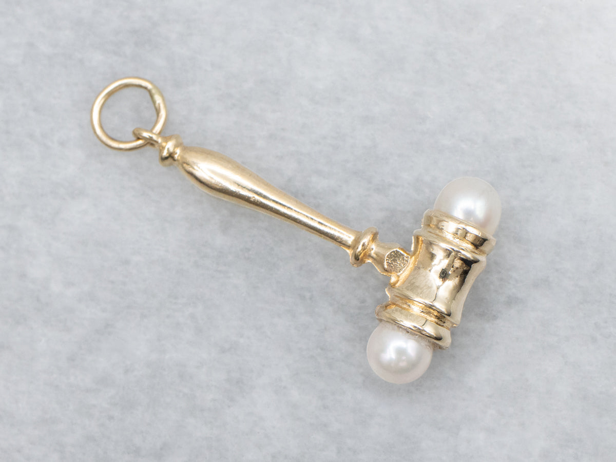 Vintage Gold Saltwater Pearl Judge's Gavel Charm Pendant